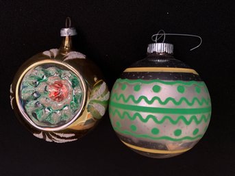 Two Blown Glass Shiny Brite Ornaments - Silver With Green Fun Decor And Yellow Stripes And Gold With Starburst