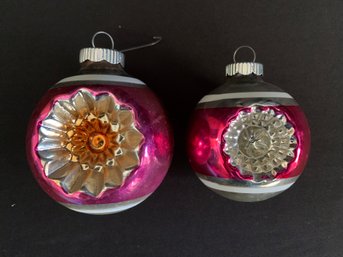 Two Blown Glass Shiny Brite Ornaments - Red And White Stripes And Red And Gold With Flower Starburst