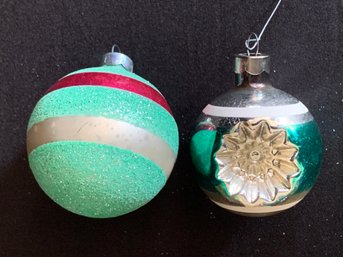 Two Blown Glass Shiny Brite Ornaments - Mint Green Speckle With Pink And Silver Stripes And Green Starburst
