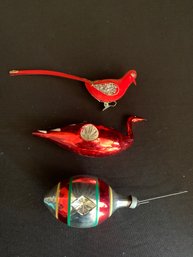 Three Vintage Blown Glass Ornaments, Silver Teardrop With Diamond Star Mercury Bird No Tail, Flocked Red Dove