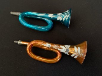 Two Vintage Mercury Glass Trumpet Horn Ornaments