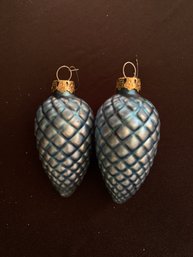 Two Vintage Blown Glass Ornaments- Two Blue Pine Cones