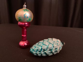 Two Vintage Blown Glass Ornaments- Frosted Blue Pine Cone And Blown Glass Lamp