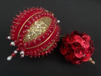 Two Beaded Mid-century Ornaments - Red Velvet Bead With Gold Glitter Is 4 In. Red Spangle Ball Is 2 In