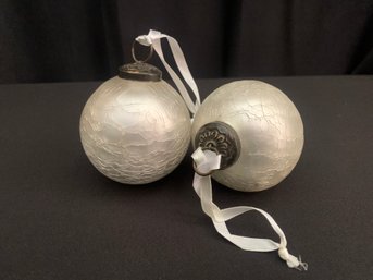 Two Small White Frosted Crackle Kugel Style Christmas Ornament Bulbs 3.5 In