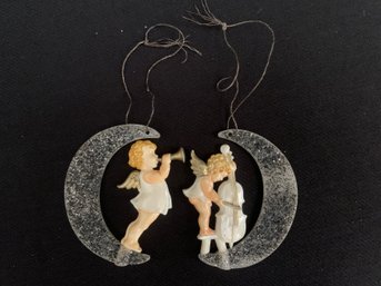 Two Vintage Art Deco Style Angel And Moon Christmas Ornaments- 3 In Tall