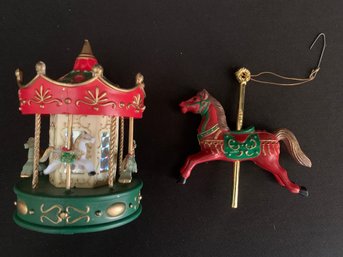 Two Carousel Themed Ornaments- Horse Is 4 In Wide And Carousel Is 4 In Tall