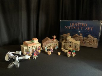 Miniature Nativity Scene With Three Buildings - LIGHTED - 19 Pieces