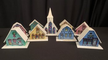 Vintage Alpine Village Set Of Miniature Lighted 8 Cottages And One Cathedral - 2.5 To 3 In Tall