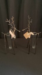Two Glass Tube Vase Metal Decor Reindeer  10 Inches