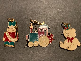 Vintage Wallace Silversmiths Teddy Bear, Train, Nutcracker Gold Tone Christmas Pendant Ornament