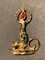 Vintage Christmas Candle Gold Tone Brooch