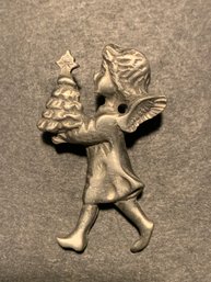 Vintage Angel Carrying Christmas Tree Pewter Brooch