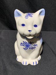 Ceramic Cat Creamer In Blue And White Approximately 5 Inches