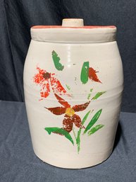 Vintage Painted Ceramic Crock Approximately 10 Inches Tall Marked USA Lid Chipped