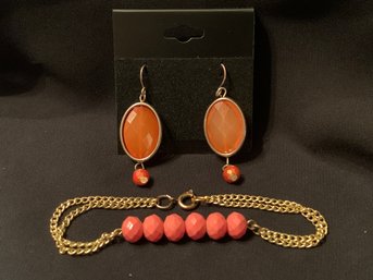 Vintage Coral Orange Gold Tone Bracelet Earrings