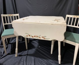 Vintage Hand Painted Drop Leaf Table - Pine Cone Design & 2 Matching Chairs - 42' Fully Extended