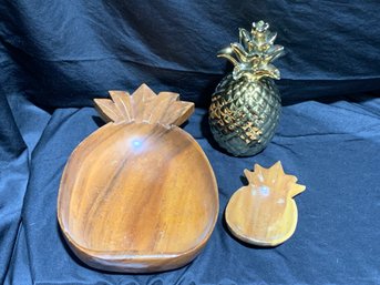 Wooden And Ceramic Pineapple Trio
