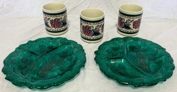 Teal Glass Indiana Berry Plates And Jacobian Style Vintage Mugs