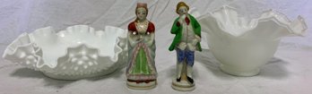 2 Fenton Glass Bowls With Pair Of Porcelain People Marked 'occupied Japan'