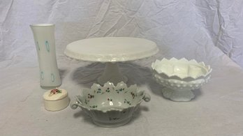 Milk Glass Cake Plate, Fenton Hobnail Candleholder, Art Glass Vase, Capodemonte Ring Box, Limoges Floral Dish