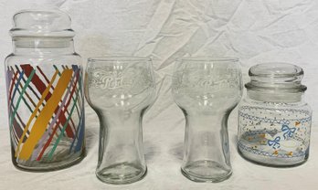 Two Vintage Storage Jars From The Eighties And Pair Of Pepsi Glasses