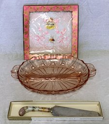 Pink Depression Glass Divided Relish, Enamel Handled Cake Knife, Vintage Handkerchiefs In Box