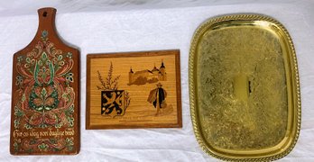 2 Pieces Wooden Bavarian Decor And Brass Tray.