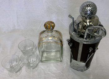 Vintage Spanish 1930s Decanter, Nineteen Twenties Needle Etched Glass, Golf Themed Bar Ware