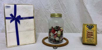 Vintage Sewing Lot- Display Hoop, Vintage Irish Linens 'B' Monogram,  Scissor Box Dated 1922, Jar Of Buttons