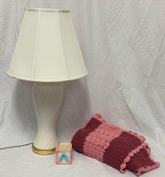 80s Girl Bedroom White Porcelain Lamp, Baby Block Planter, Pink And Mauve Knit Blanket