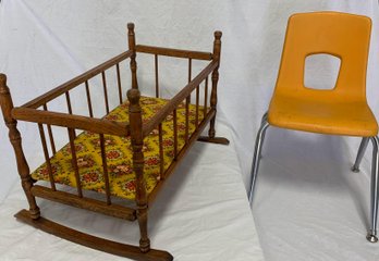 Vintage Baby Doll Crib And Children's Plastic Chair
