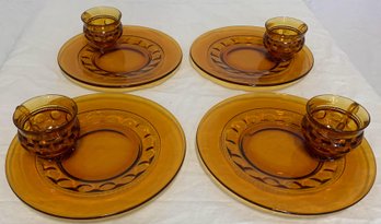 Indiana Glass Amber Kings Crown 4 Snack Plates And 4 Cups