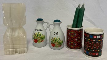 Boho Decor Lot - 2 Mugs, 2 Candles,  Vinegar And Oil Cruet Set