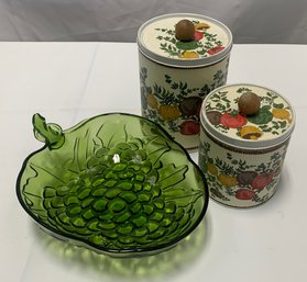 70s Kitchen Decor - Green Glass Grapes Bowl,  2 Waxed Linen Tins