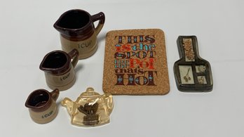 VINTAGE Stonewear Measuring Cups, Cork Hot Pad And 2 Trapped Resin Spoon Rests