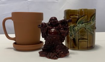 Bamboo Planter, Terra Cotta Cup Planter And Small Buddha Statue