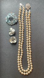 Faux Pearl Necklace, Blue Floral Broach, Silver Leaf Clip Earrings Marked 'Coro'