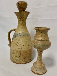 Handmade Pottery Decanter And Chalice Set - Artist Signed Hazmisk