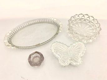 Antique Clear Glass Diamond Candy, Small Sun Purple Salt Cellar, Glass Butterfly Catch Dish, Dresser Tray