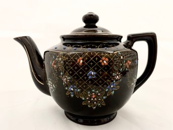 Vintage Brown Teapot With Enamel Floral Decorations