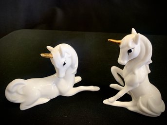 Vintage Ceramic Unicorn Pair White With Gold Horn