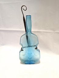 1940s Dell Glass Blue Violin Vase With Metal Hanger