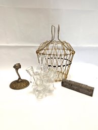 Vintage Expansion Handle Wire Basket, Bud Starter Vase, Antique Micro Planer, Decorative Towel Handle