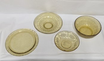 Amber Depression Glass Lot , 3 Prices Federal Madrid Pattern, One Sharon Cabbage Rose Bowl