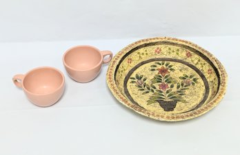 Decorative Mache Bowl And Two Pink Melamine Mugs