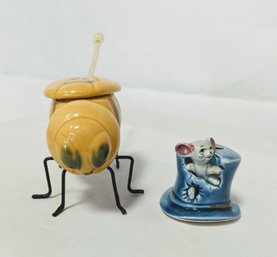 Vintage Porcelain Pieces, Mouse With Top Hat Pin Holder , Honey Bee With Lid And Leg Stand REPAIRED