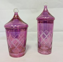 Vintage Pink Glass Cut To Clear Apothecary Dresser, Vanity Storage Jars