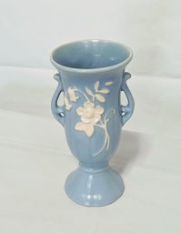 Blue Weller Art Pottery Jonquil Cameo Vase Double Handle, 8.5' Tall