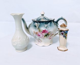3 Pc Antique Porcelain Lot - Rose Teapot, Japanese Salt Shaker With Small Crack ,off White Small Bud Vase